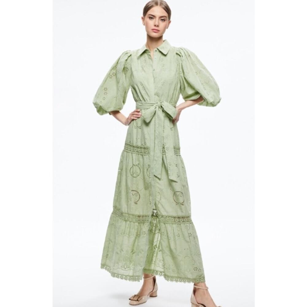 Alice + Olivia Lilly Collared Eyelet Cotton maxi Dress Belted Green tea size 2